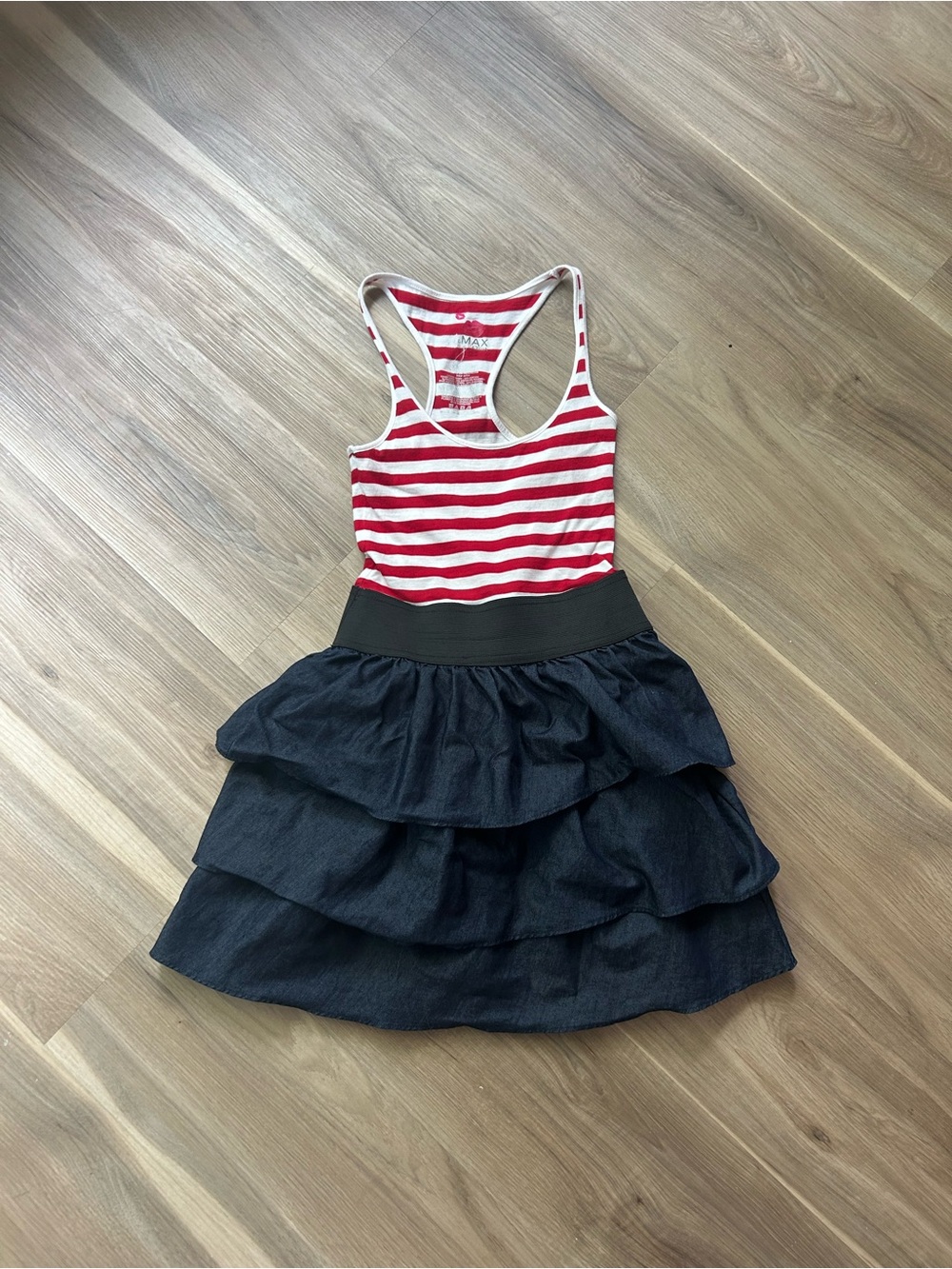 Vintage Miley Cyrus Max Azria white and red striped tier ruffle skirt mini dress